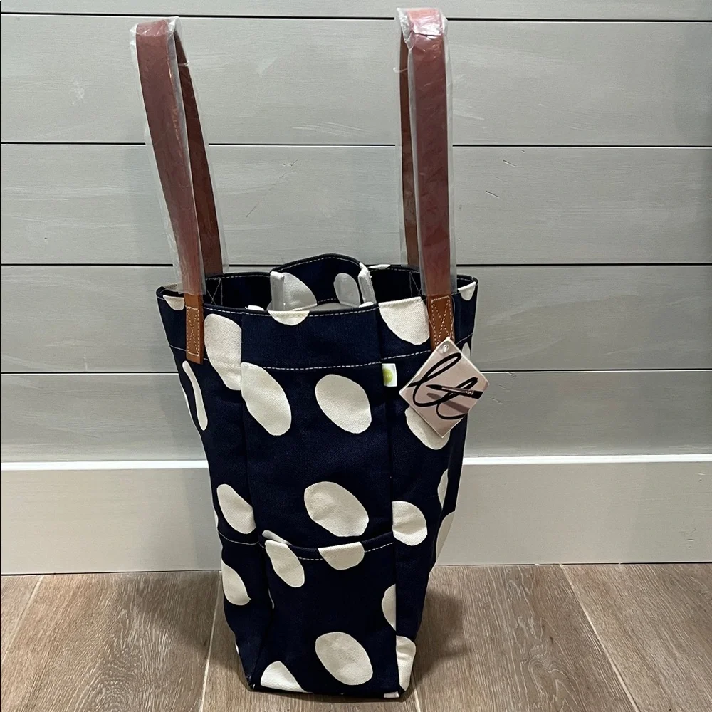 Donna Gorman Polka Dot Hand Painted Leather handled Tote Bag - Navy and White
